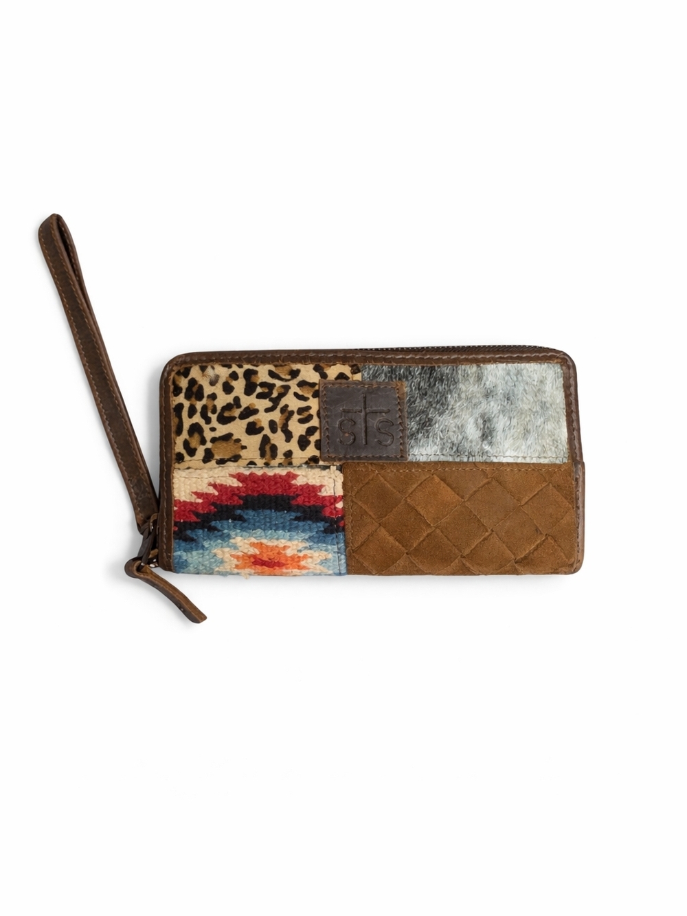STS Ranchwear Brown Patchwork Wristlet Wallet with Multicolor Aztec Panel